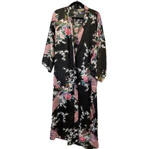 Veami Womens Satin Kimono Robe with Belt - Asian Inspired Peacocks Black XL